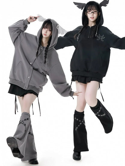 ブラック/グレー クロス PU ストラップ レッグウォーマー