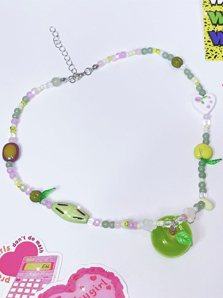 Y2K Pendant Necklace Apple Beaded Green
