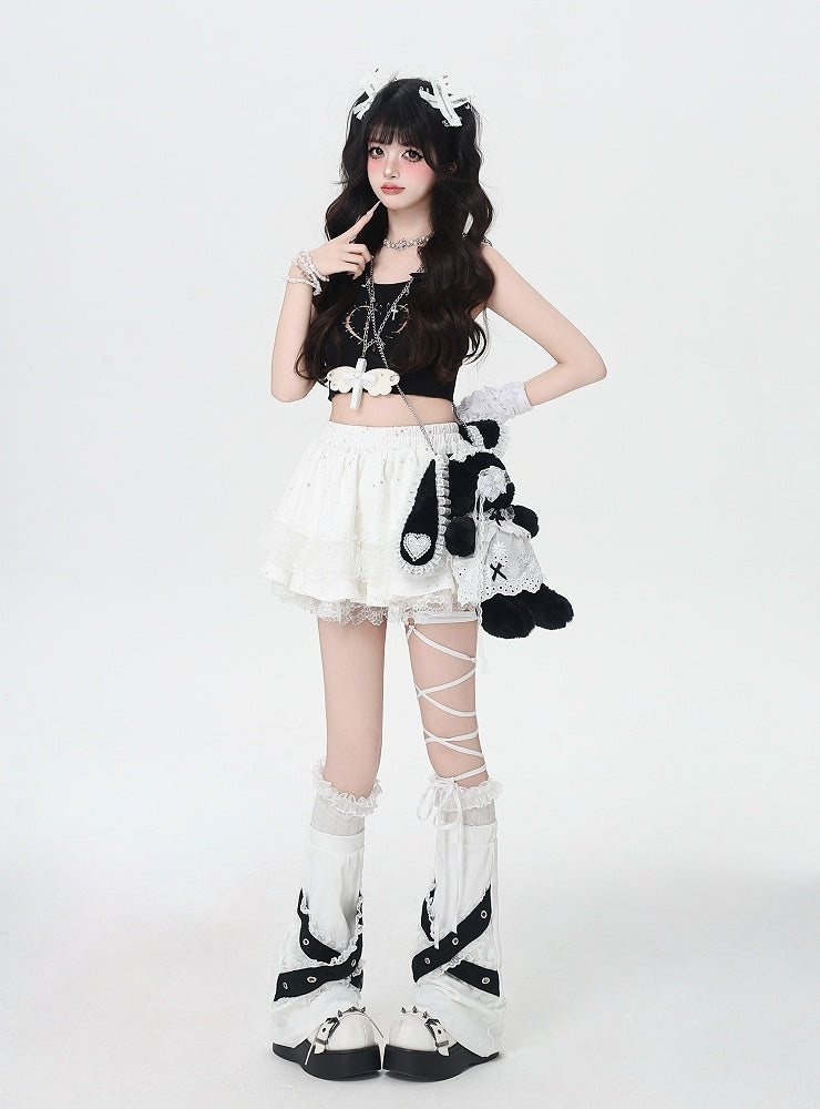 ホワイトの伸縮性ウエストティアードスカートトリムバレエコアレース