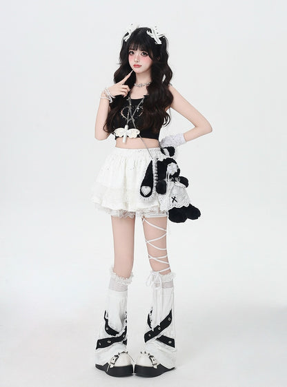 ホワイトの伸縮性ウエストティアードスカートトリムバレエコアレース