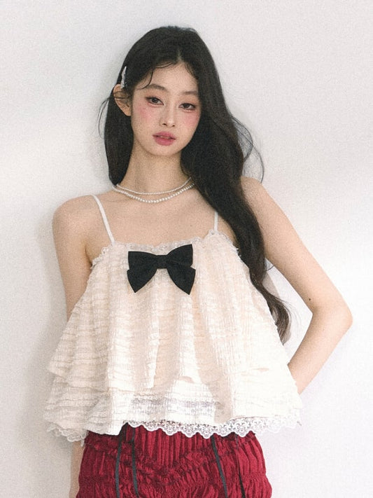 アプリコット レーストリム ティアードキャミソール リボン結び ブラック