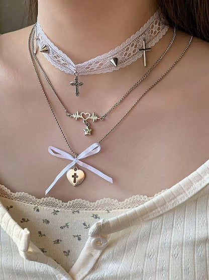 White Silver Layered Cross Choker with Lace and Bow - YSHXS
