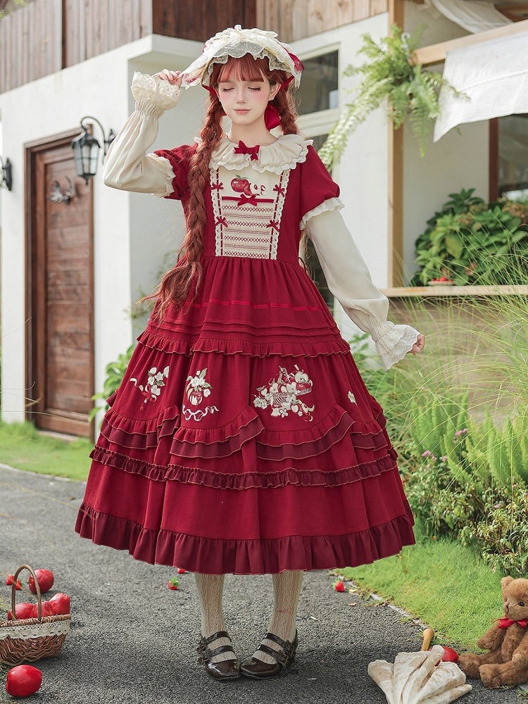 Wine Red Apple Embroidered OP Dress Set with Peter Pan Collar, Long Sleeves, Ruffle Trim, Belt, Brooch & Bow Hairclip - With PUJI