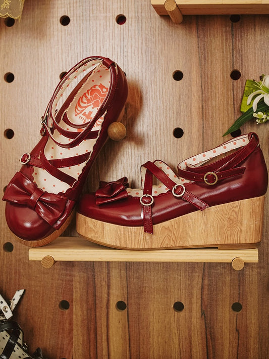 - Design Crisscross Wine Red Wedge at Top Bow Platforms Sweet