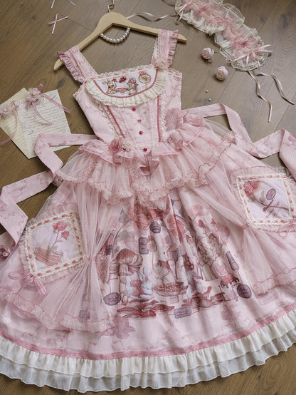 ピンクのバニーバスクウエストマッシュルームスカートプリンセスとジャンパーロリータプリント