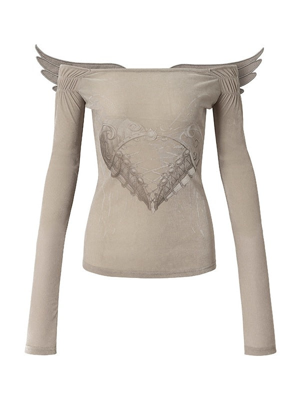 Grey Heart Print Off-Shoulder Long Sleeve Flocked Knit Top with Back Cutout & Wing Decoration - NO ROMANCE