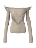 Grey Heart Print Off-Shoulder Long Sleeve Flocked Knit Top with Back Cutout & Wing Decoration - NO ROMANCE