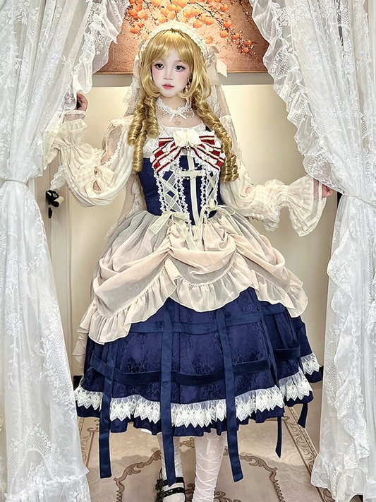 with Trim JSK Blue Lace Dress Apricot Lolita Gothic Cross and Motif