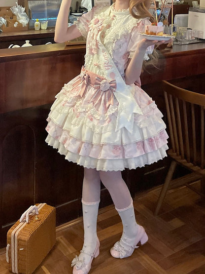 Pink Floral Print Short Sleeve OP Dress with Bow - Sweet Dream Box