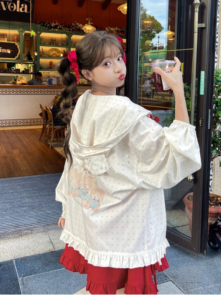 日焼け防止ジャケット ベアバイブス スノーフード ホワイト 水玉耳デザイン ホワイト 愛らしい