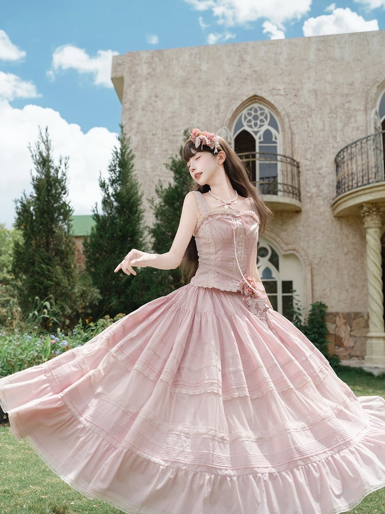 Pink Sweet Button Top with Lace Skirt Set - Penny House