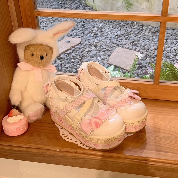 Sweet White Mary Jane Strawberry Chocolate Platforms Cake Lolita Shoes