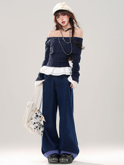 Grey/Navy Blue Off-the-shoulder Neckline Slim-fit Sweater Patchwork Hem and Cuffs