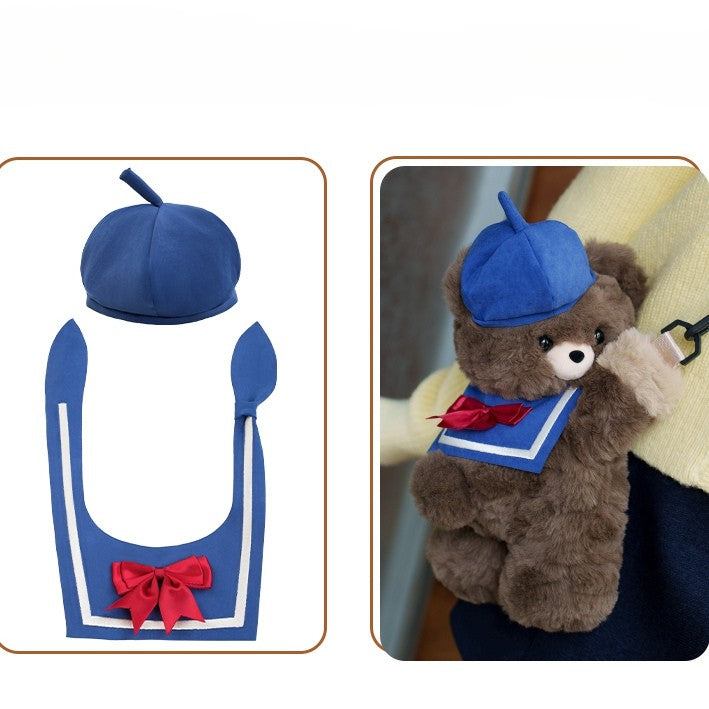 Bärenverzierter Matrosenrucksack/Umhängetasche, Blau, Mittel/Groß + Hut, Plüsch-Schleifenkragen, Braune Taschengröße