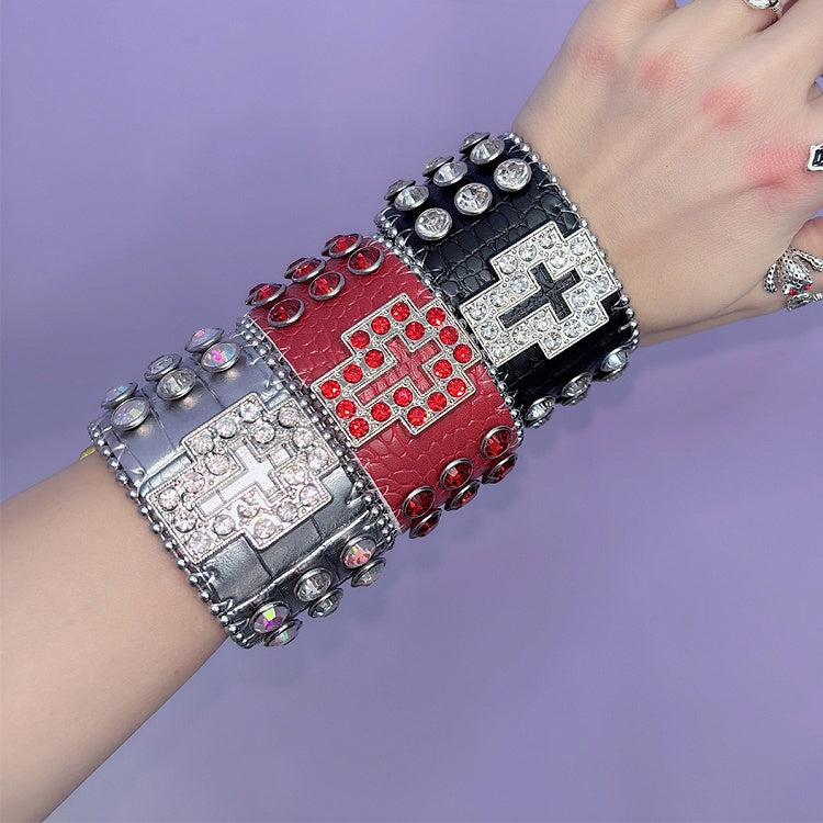 Red/Black/Silver Wristband Y2K Rhinestone Bracelet Decorated Cross Design