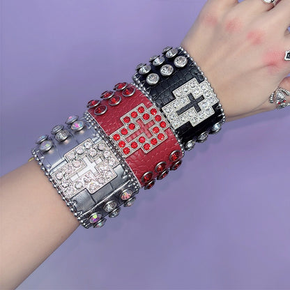 Red/Black/Silver Wristband Y2K Rhinestone Bracelet Decorated Cross Design
