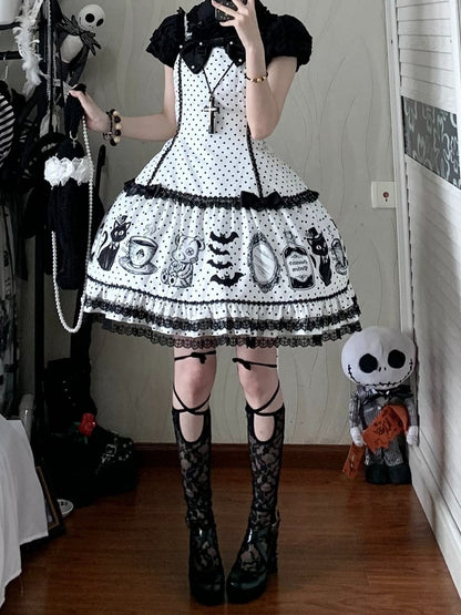 Polka Dot Bow JSK Dress with Cat and Coffee Print - Undaily D.Studio