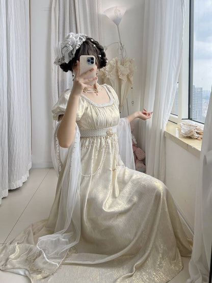Champagne Empire Waist Lolita OP Dress with Beadwork - Qian Mu