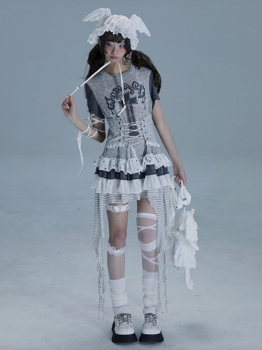 Punk Cross with Layered T-Shirt Print Ruffle Gray Dot Skirt Dress Polka