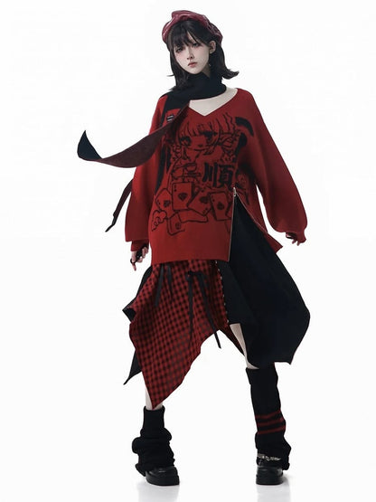 Pattern Zipper Hem Knit Sweater Girl New Loose-Fit Cartoon with Red/Black and Inspired Year