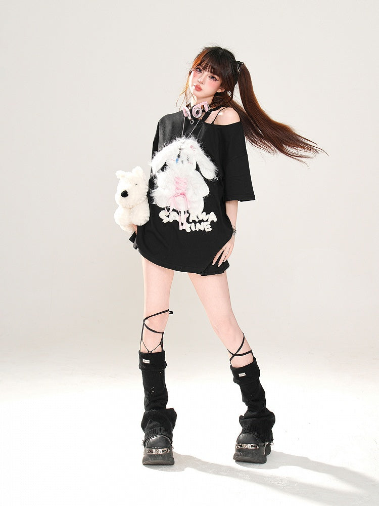 Plush Bunny Applique Criss-cross Design Cutout Shoulder Pink/Blue/Black Loose T-Shirt