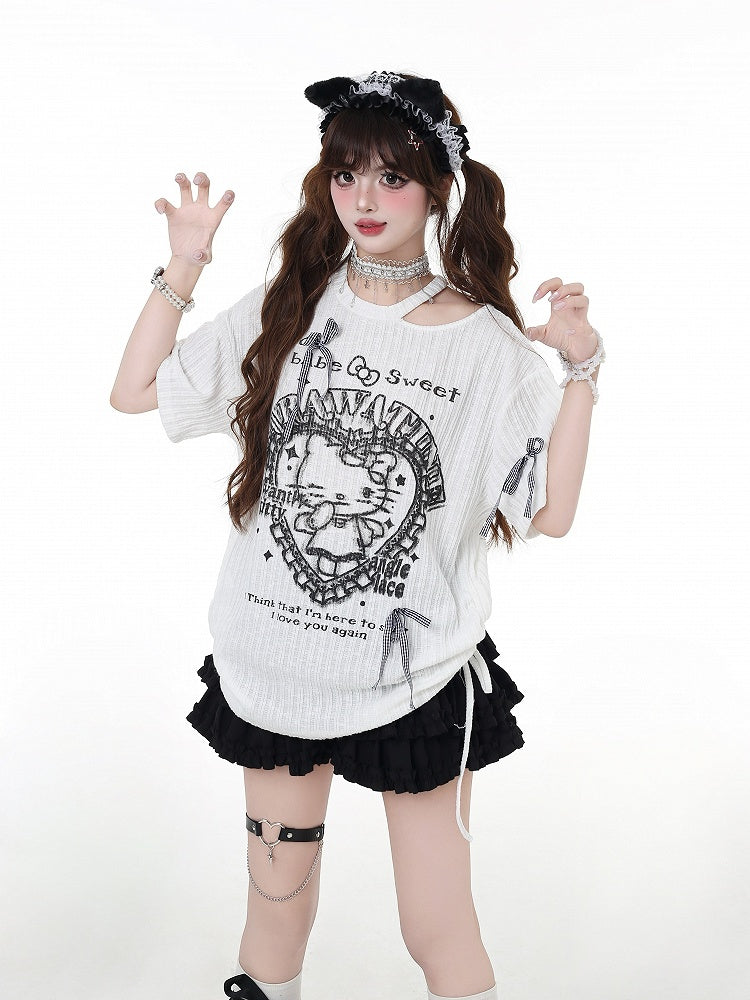 カットアウト Y2K ブラック/ホワイト ラウンドウエスト ネックディテール Tシャツ キティプリント ドローストリング