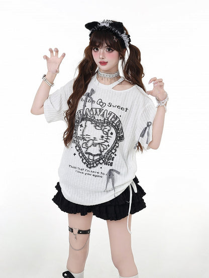 カットアウト Y2K ブラック/ホワイト ラウンドウエスト ネックディテール Tシャツ キティプリント ドローストリング