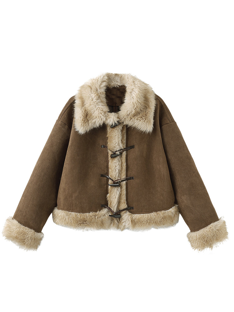 Fashion Toggle Front Coat Khaki Suede Fur Millard Trim with Faux Short