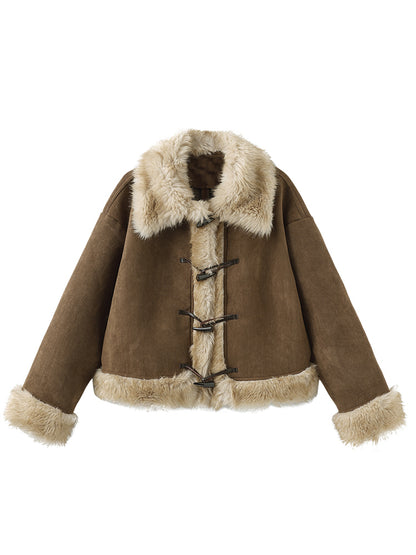 Fashion Toggle Front Coat Khaki Suede Fur Millard Trim with Faux Short