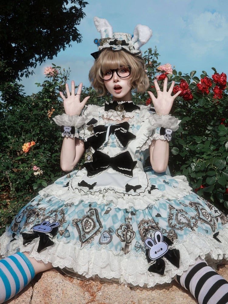 Alice Blue White Lolita Wrist Cuffs Rabbit Embroidery - Untitled Heartbeat