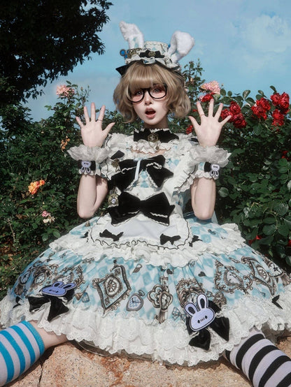 Alice Blue White Lolita Wrist Cuffs Rabbit Embroidery - Untitled Heartbeat