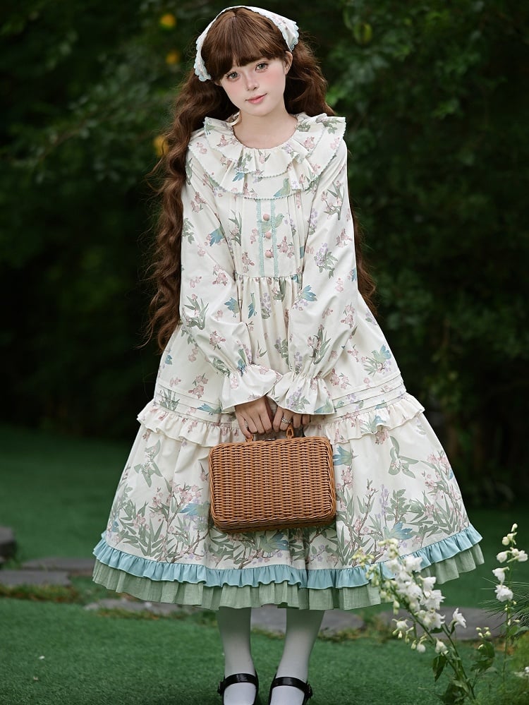 Bird Belt Sleeves Lolita Kei Dress Print and Floral Natural with Waist Long