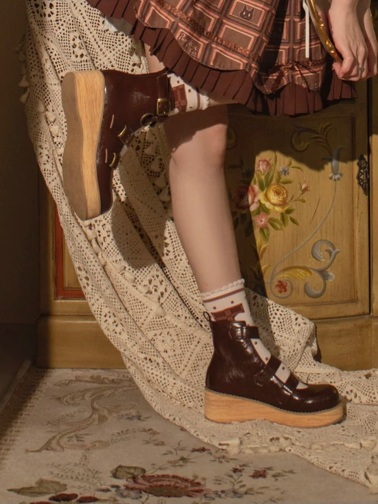 - Sohle Schnalle cm Knöchel 3–5 Maserung 3 braun Holz Stiefel Riemen Keil Plateau Vintage