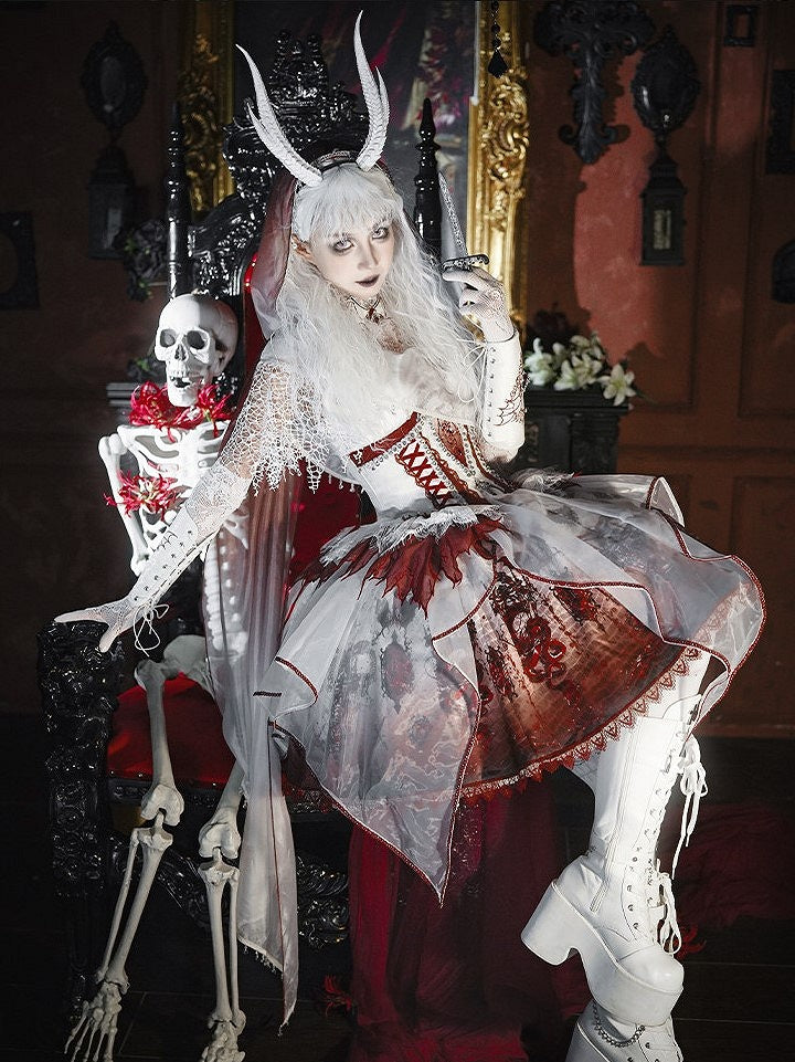 Red & White Bone Dragon Embroidery Halter Neck Gothic Lolita Dress Set - Ying Luo Fu