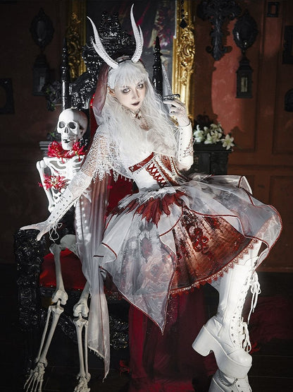 Red & White Bone Dragon Embroidery Halter Neck Gothic Lolita Dress Set - Ying Luo Fu