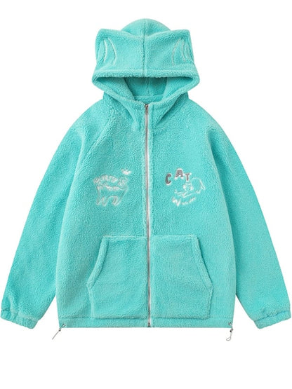 Grün/Marineblauer Fleece-Kapuzenpullover mit süßem Katzenohren-Design