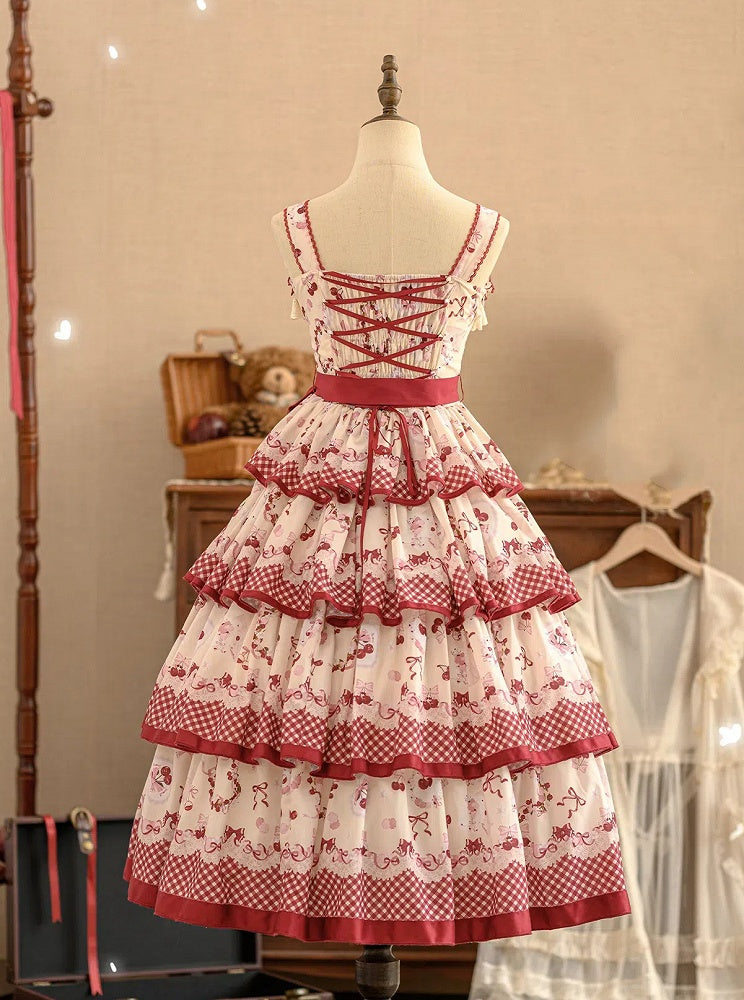 Robe Lolita mi-longue à ourlet étagé, motif cerises et vichy rouge