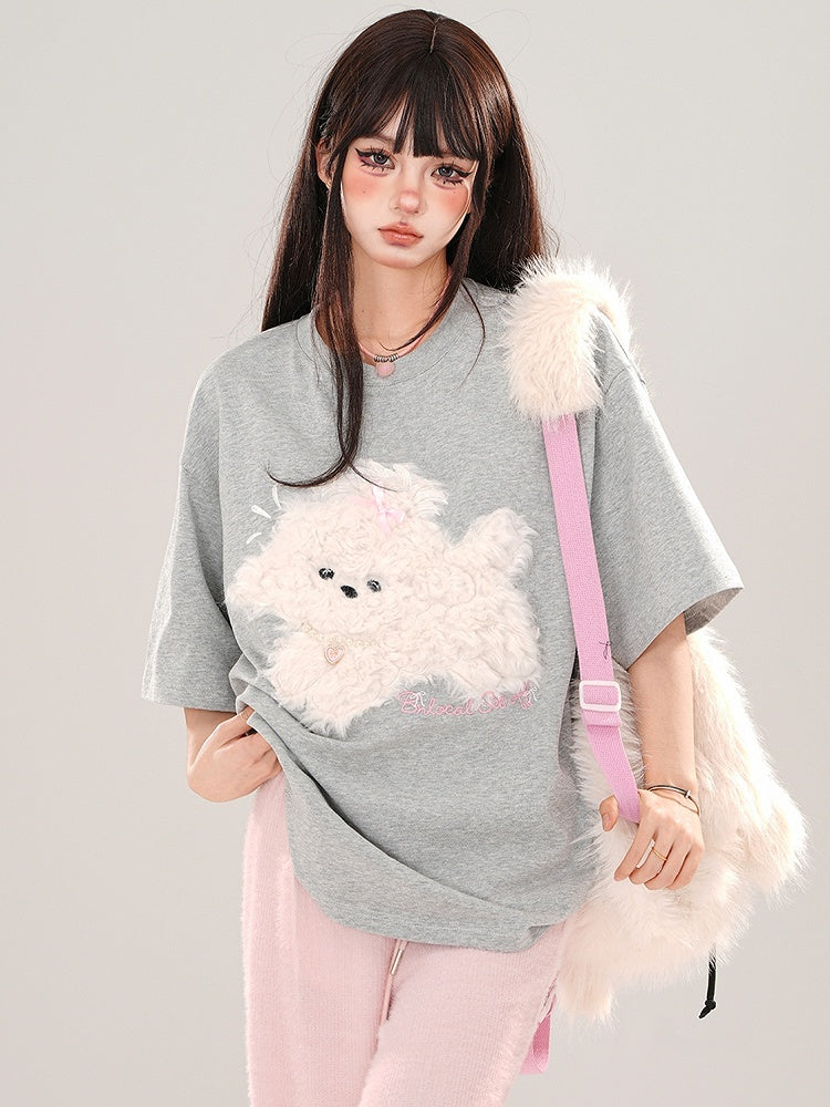 Blue/Grey/Black Plush Puppy Applique Loose T-shirt