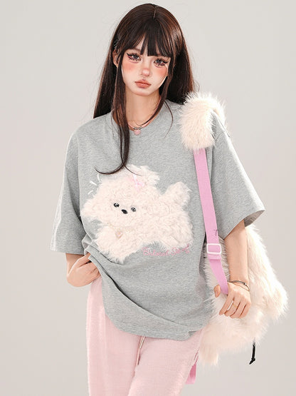 Blue/Grey/Black Plush Puppy Applique Loose T-shirt