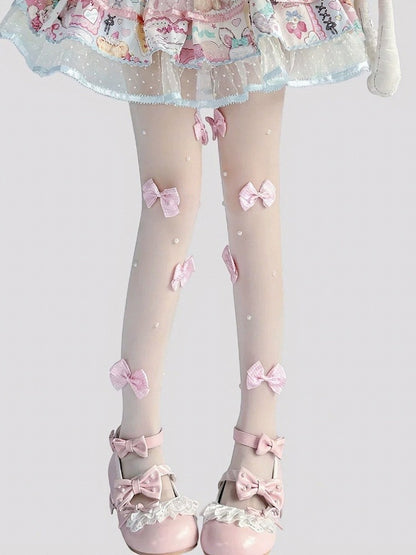 Sheer Pantyhose in Black or White Featuring 3D Bow Accents - Milkcat Studio