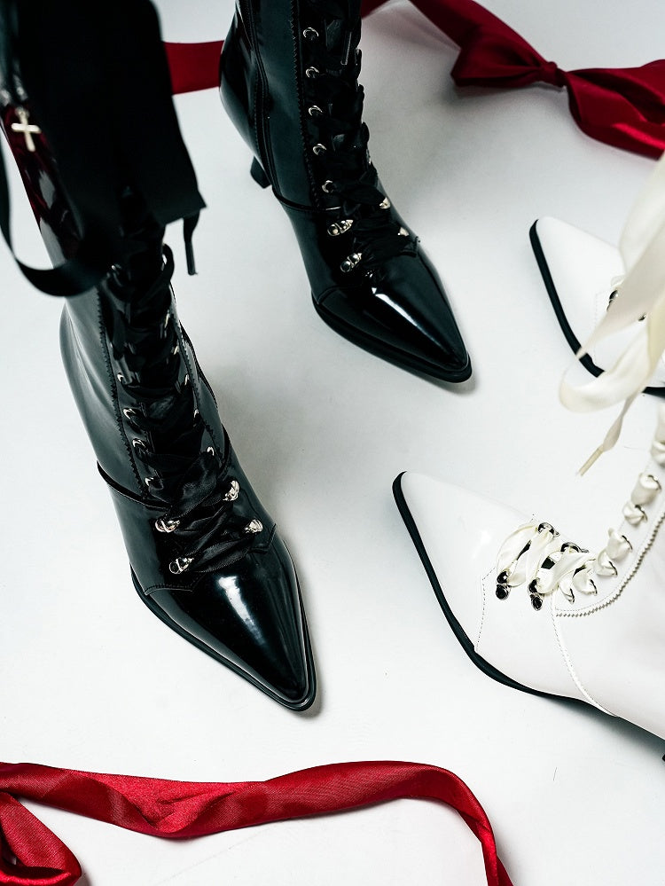 Cross Polished Design Gothic - Fold-Over Boots with Black Detachable Pointed Toe Cuff Charm Knee-High