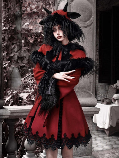 クリスマス新作 取り外し可能なケープ付きレッドウールコート