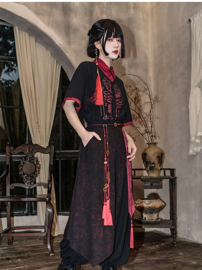 With Talisman Short-sleeve Gothic Fake Blouse Black Two-piece Chinese Print Red