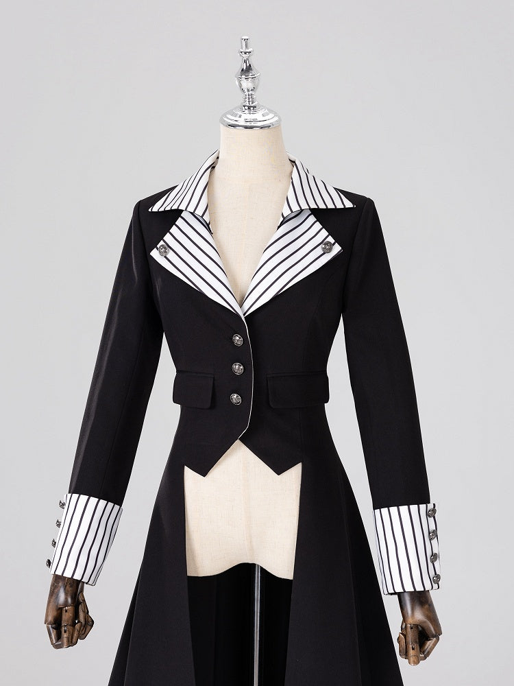 Clown-Inspired Black Tailcoat with White Striped Lapel Collar - DevilInspired Exclusive Collection