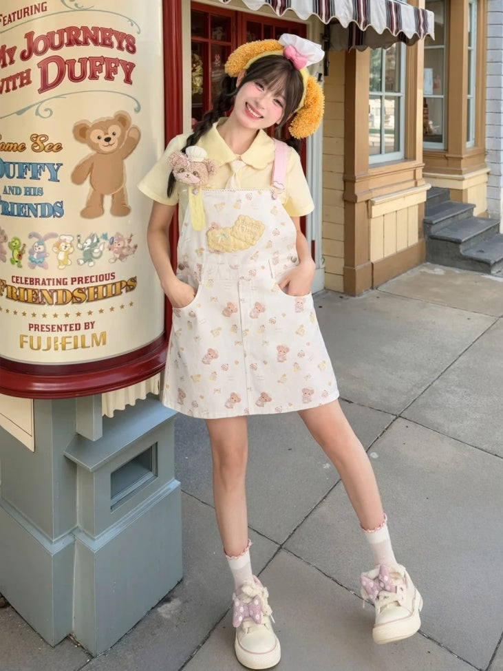 Bären-Stickerei-Applikation, weißer Plüsch-Keks mit Allover-Print, Overall-Rock