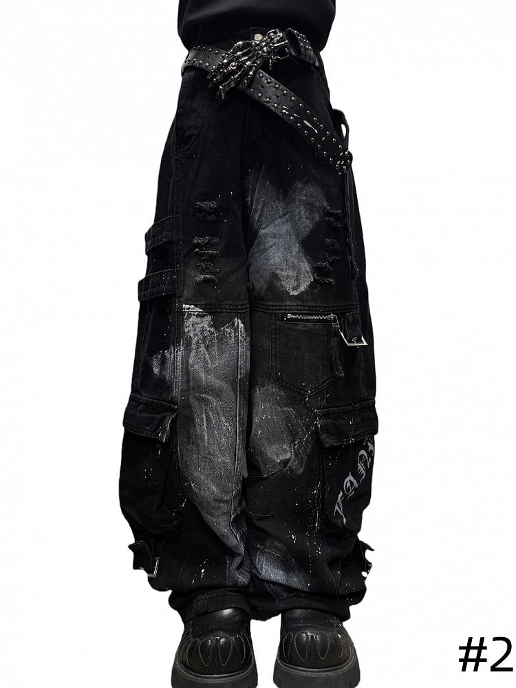 Design Cargo Black Pockets with Jeans Wide-leg Distressed