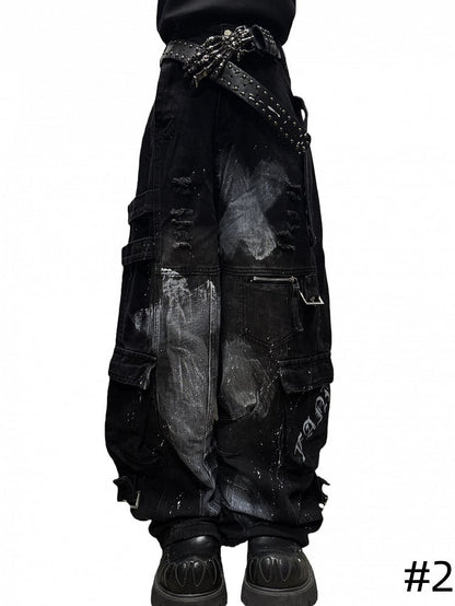 Design Cargo Black Pockets with Jeans Wide-leg Distressed