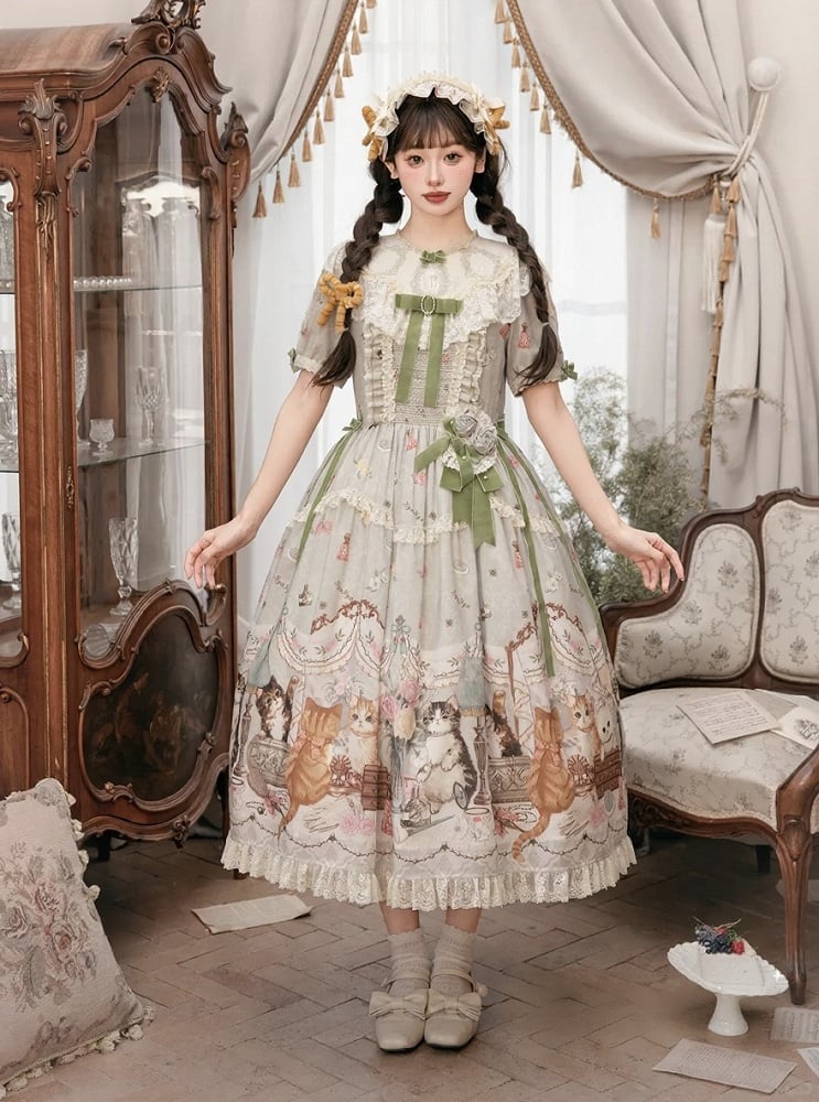 Green Cat Print Round Neck Sweet Lolita Dress with Lace Trim - NyaNya