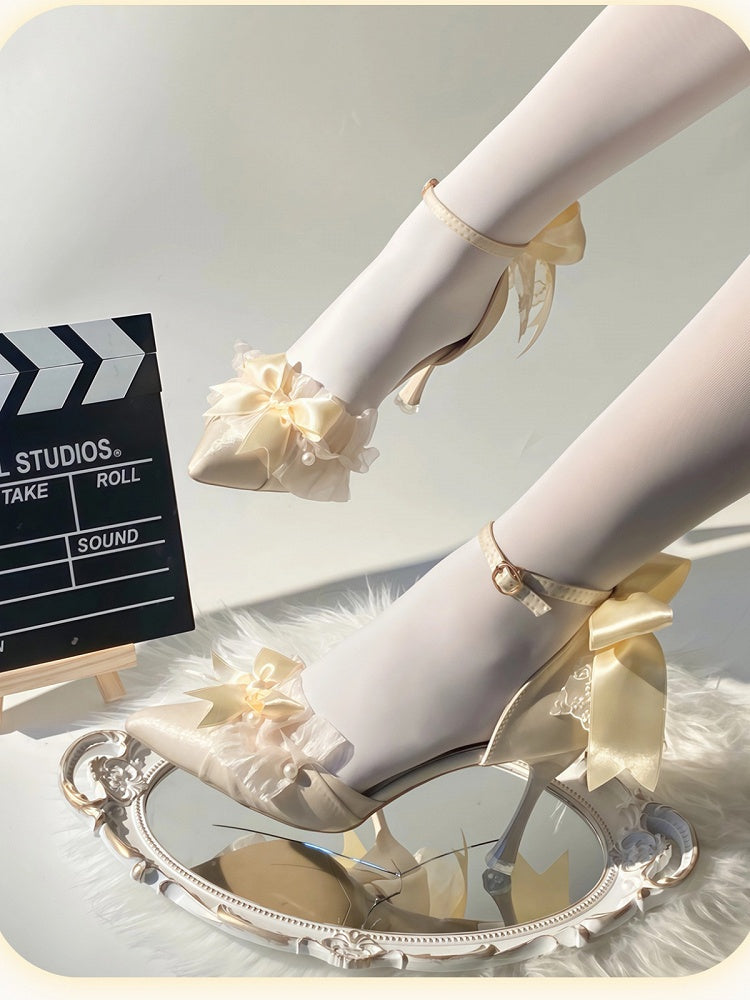 Beige Sweet Pointed Toe Heels with Bow Accents - A Sky Rabbit