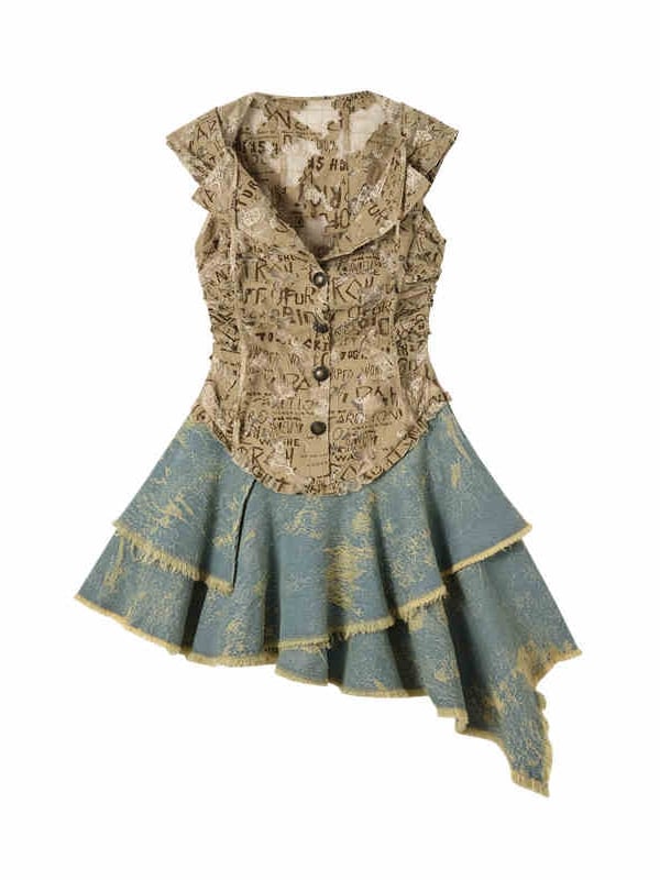 Buchstaben Khaki Top Denim Taschentuch Rock Punk Kapuzenkleid